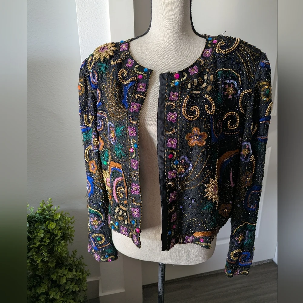 Laurence Kazar Vintage Beaded Black Multi-Color Embellished Jacket - Picture 1 of 7